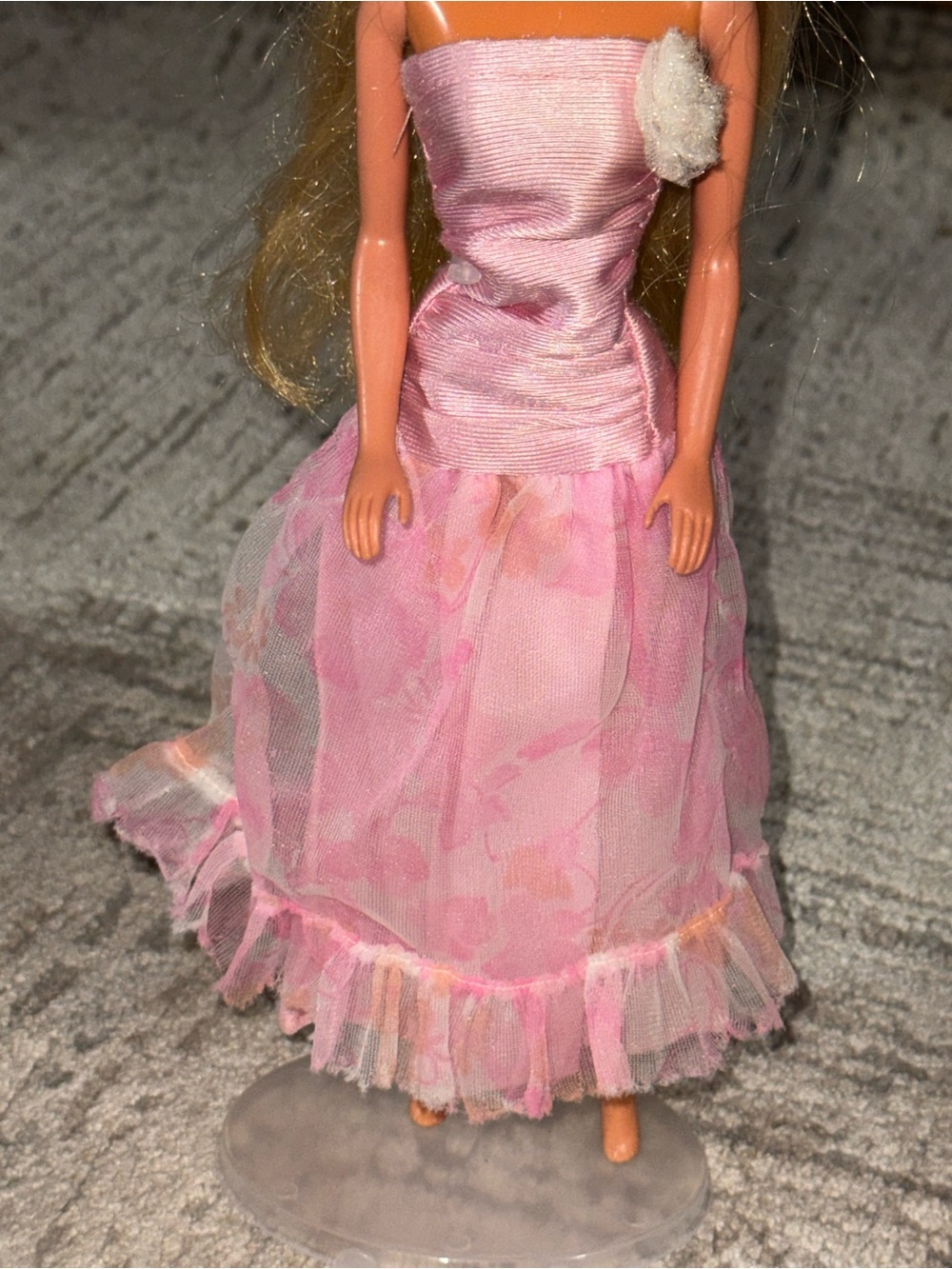 Barbie Mattel vintage pink strapless gown floral print design large white flower
